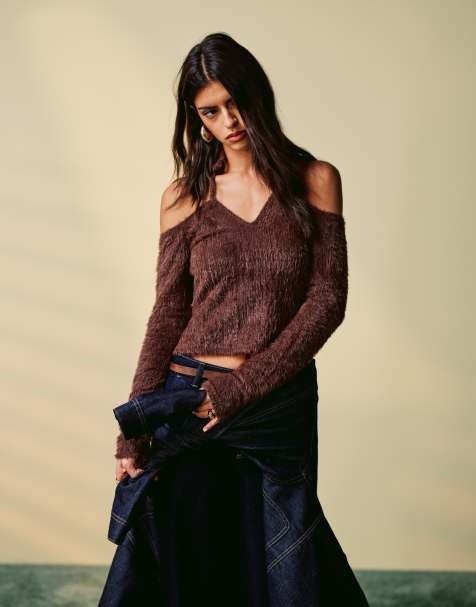 ASOS DESIGN fluffy off shoulder halterneck long sleeve top in chocolate