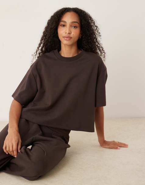 ASOS DESIGN co-ord interlock boxy cropped t-shirt in chocolate