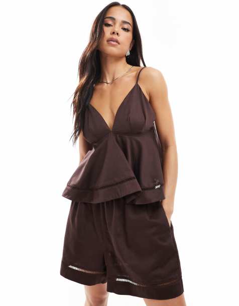 ASOS DESIGN – Czekoladowy top na ramiączkach z baskinką, część zestawu - view 1