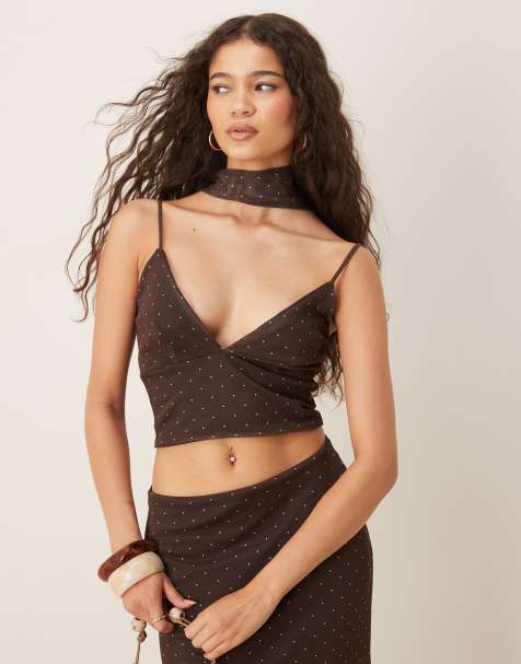 ASOS DESIGN co-ord mesh spot cami top with neck scarf in chocolate