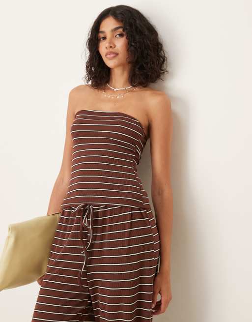 ASOS DESIGN – Czekoladowy top o wydłużonym fasonie z dekoltem bandeau w paski, część zestawu