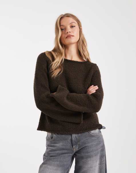 ASOS DESIGN boucle slash neck top in chocolate