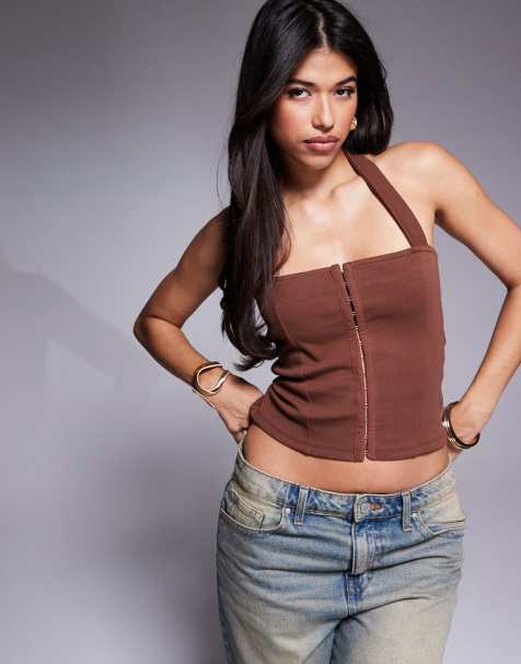 ASOS DESIGN – Czekoladowy zapinany na haftki top z dekoltem halter z dżerseju ponte - view 1