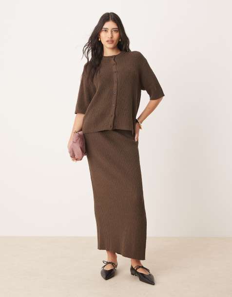 ASOS DESIGN – Czekoladowy zestaw z dzianiny boucle: kardigan z krótkimi rękawami i spódnica midaxi - view 1