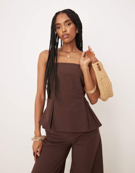 ASOS DESIGN linen blend cinch waist bandeau top in chocolate