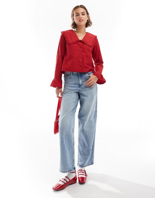 ASOS DESIGN – Czerwona bluzka z bawełnianej popeliny z dużym kołnierzem