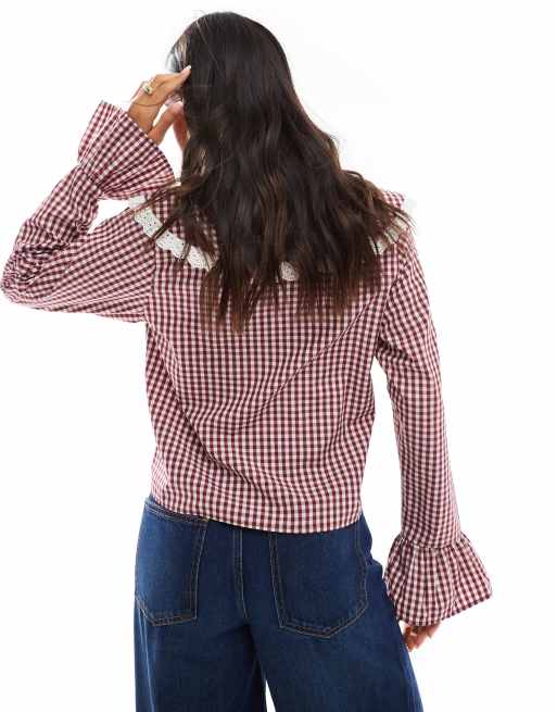 ASOS DESIGN – Czerwona bluzka z dużym kołnierzem w kratkę vichy, 2 z 4