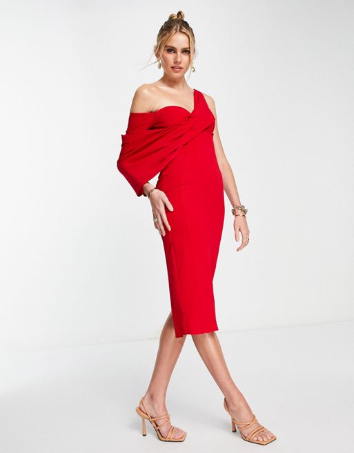 ASOS DESIGN – Czerwona drapowana asymetryczna sukienka midi na jedno ramię  | ASOS