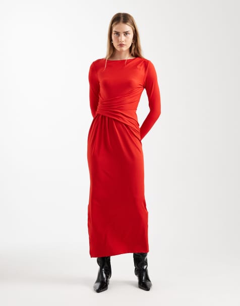ASOS DESIGN – Czerwona drapowana sukienka maxi z długimi rękawami z modalu - view 1