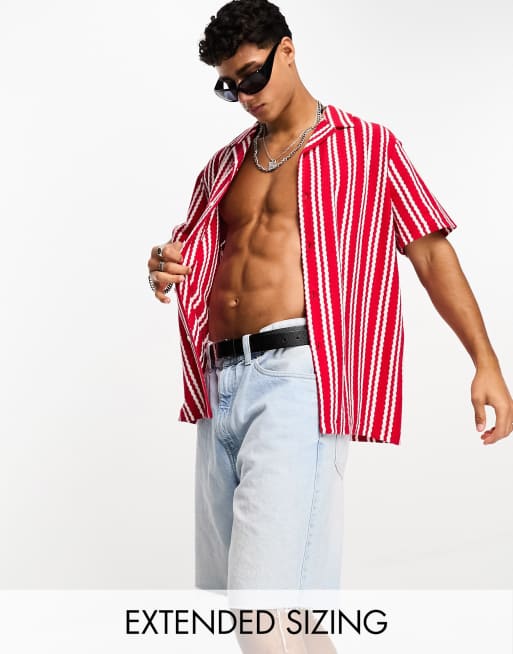 ASOS DESIGN – Czerwona dzianinowa koszula z kołnierzykiem kubańskim w paski