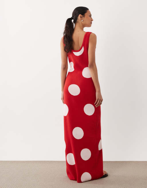 ASOS DESIGN – Czerwona dzianinowa sukienka maxi w groszki, 2 z 4
