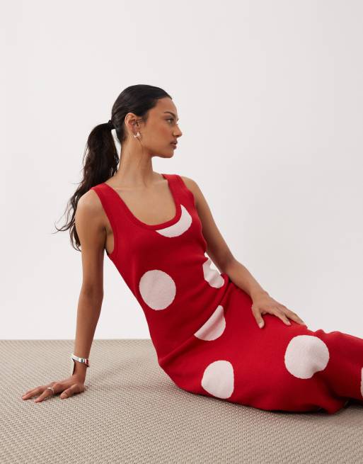 ASOS DESIGN – Czerwona dzianinowa sukienka maxi w groszki, 4 z 4