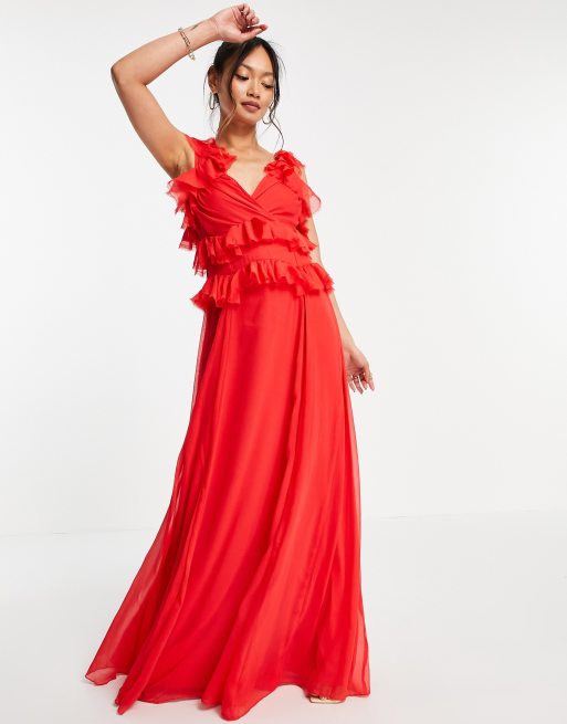 ASOS DESIGN – Czerwona kaskadowa sukienka maxi z falbanami i odkrytymi plecami