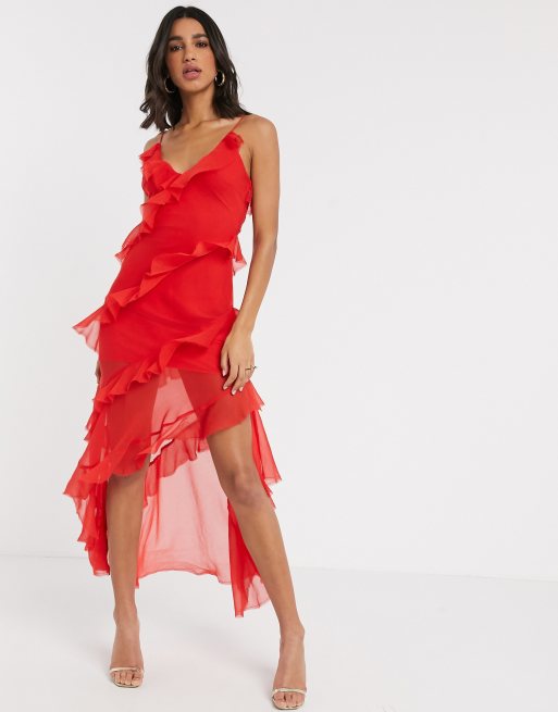 ASOS DESIGN – Czerwona kaskadowa sukienka maxi z ozdobnymi falbankami na cienkich ramiączkach