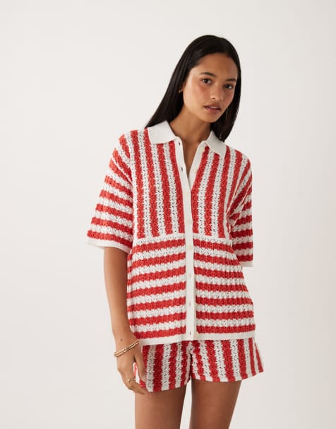 ASOS DESIGN – Czerwona koszula w paski z materiału slub, część zestawu - view 1