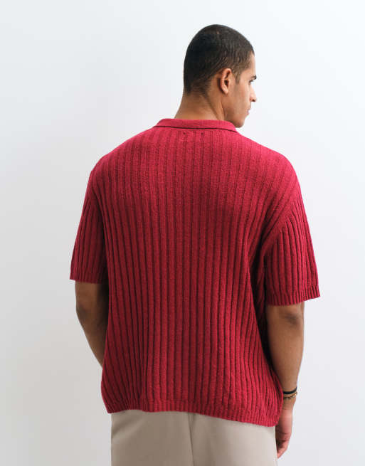 ASOS DESIGN – Czerwona koszulka polo oversize z prążkowanej dzianiny, 5 z 5