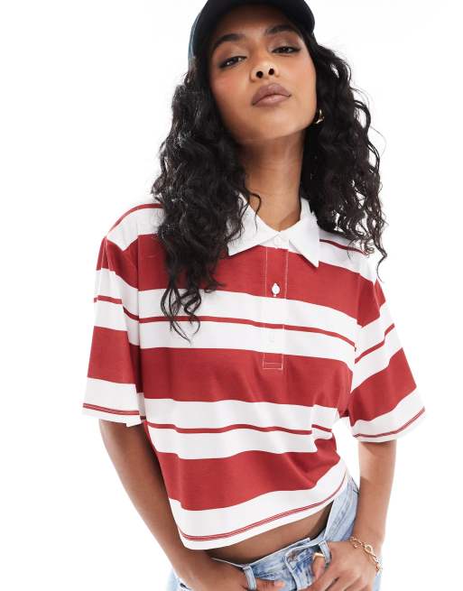 ASOS DESIGN – Czerwona krótka koszulka polo w stylu rugby w paski