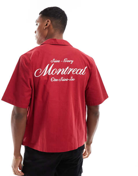 ASOS DESIGN boxy relaxed revere shirt with chest and back print in red 