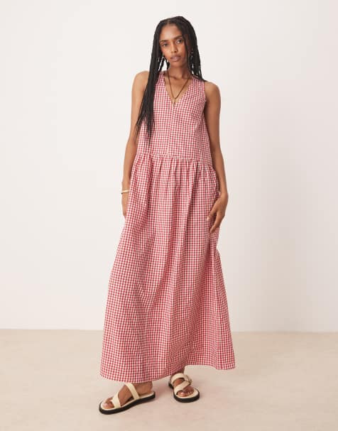 ASOS DESIGN – Czerwona luźna sukienka maxi w kratkę vichy z kokardką na plecach - view 1