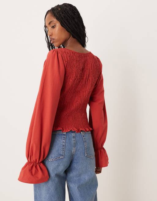 ASOS DESIGN – Czerwona marszczona bluzka z imitacji lnu, 3 z 4