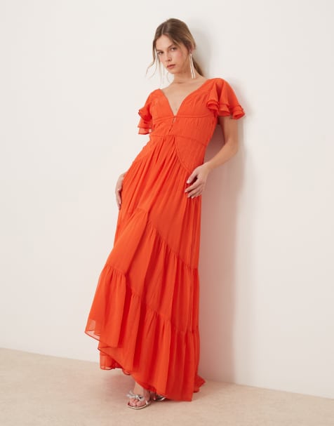 ASOS DESIGN flutter sleeve ruched maxi dress with hi low hem in spicy red