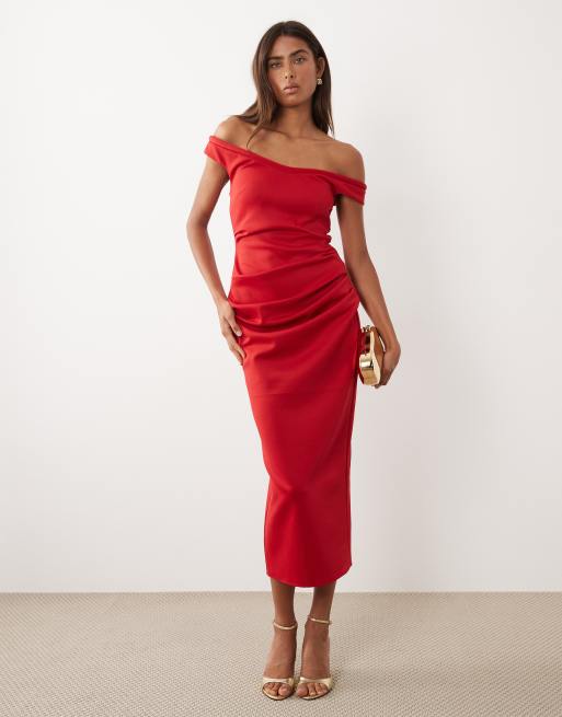 ASOS DESIGN – Czerwona marszczona sukienka midi z dekoltem bardot, 2 z 4