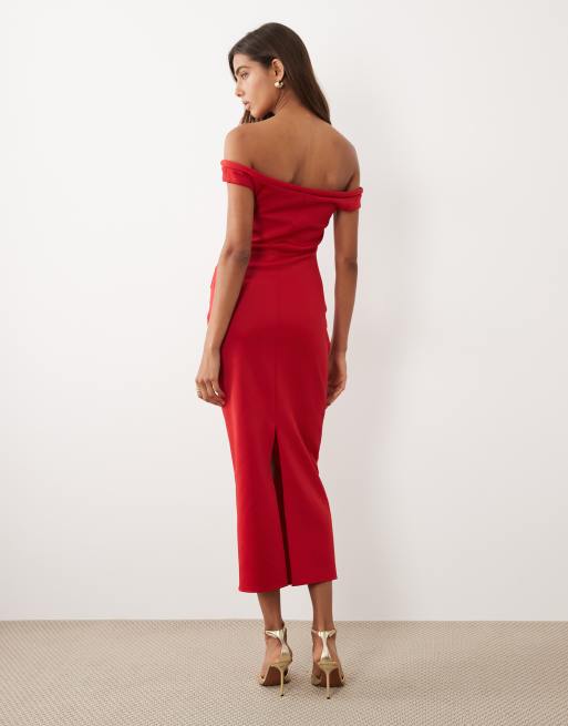 ASOS DESIGN – Czerwona marszczona sukienka midi z dekoltem bardot, 4 z 4