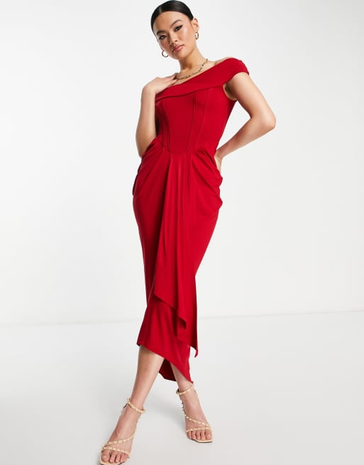 ASOS DESIGN – Czerwona marszczona sukienka midi z gorsetem i dekoltem typu bardot