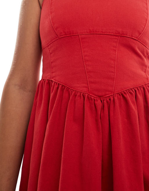 ASOS DESIGN – Czerwona miękka sukienka jeansowa mini w stylu baleriny, 3 z 4