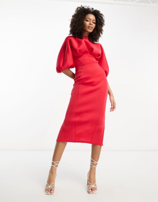 ASOS DESIGN – Czerwona ołówkowa sukienka midi z zabudowanym dekoltem, odsłoniętymi plecami i ozdobnymi szwami