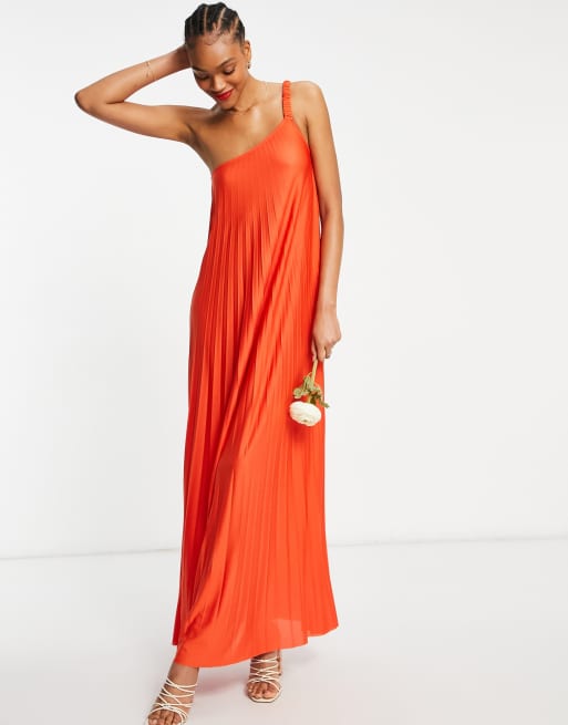 ASOS DESIGN – Czerwona plisowana sukienka maxi na jedno ramię