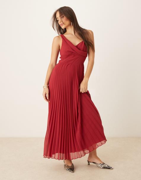 ASOS DESIGN – Czerwona plisowana sukienka midi na ramiączkach z drapowaną górą - view 1