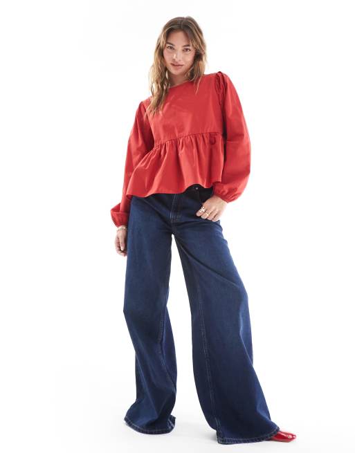 ASOS DESIGN – Czerwona popelinowa luźna bluzka z wiązaniem z boku