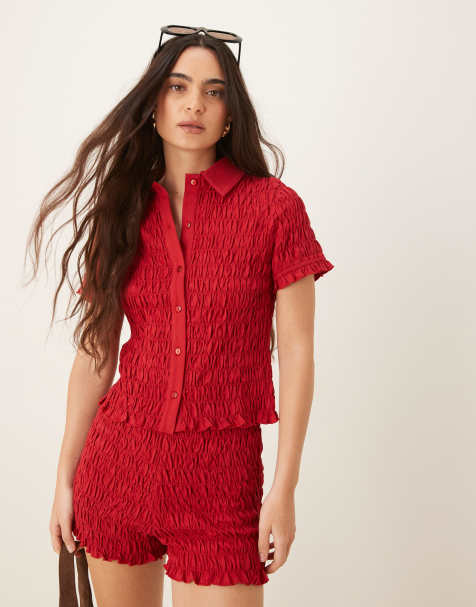 ASOS DESIGN – Czerwona przylegająca koszula marszczona, część zestawu - view 1