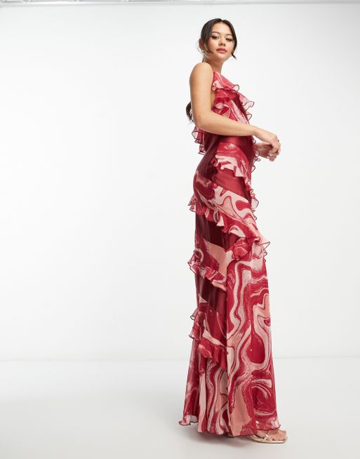 ASOS DESIGN – Czerwona satynowa sukienka maxi w marmurkowy wzór ze skośnymi falbankami