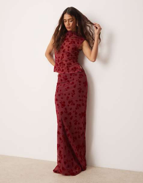 ASOS DESIGN flocked mesh low rise co ord maxi skirt in red