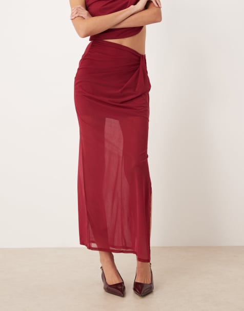 ASOS DESIGN – Czerwona spódnica maxi ze skręconym przodem z delikatnie prześwitującej siateczki, część zestawu - view 1