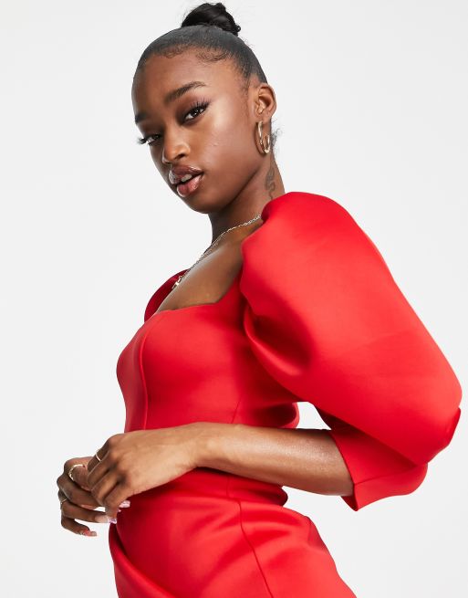 ASOS DESIGN – Czerwona sukienka kopertowa maxi z bufkami, 4 z 4