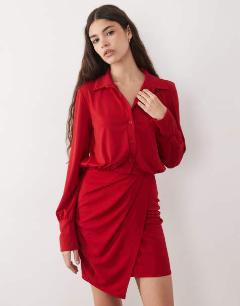 ASOS DESIGN – Czerwona sukienka koszulowa mini z kopertową spódnicą i długimi rękawami - view 1