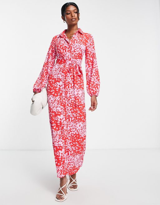 ASOS DESIGN – Czerwona sukienka koszulowa z wiązaniem z przodu we wzór w stokrotki
