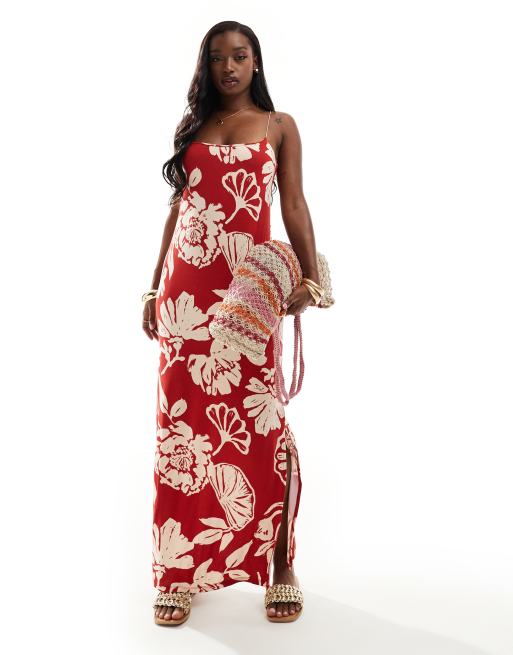 ASOS DESIGN – Czerwona sukienka maxi na ramiączkach z kwiatowym wzorem i rozcięciem z boku