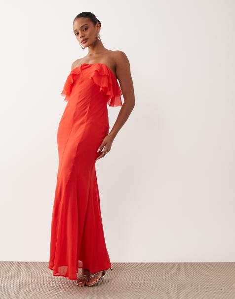 ASOS DESIGN – Czerwona sukienka maxi z dekoltem bandeau i godetami - view 1