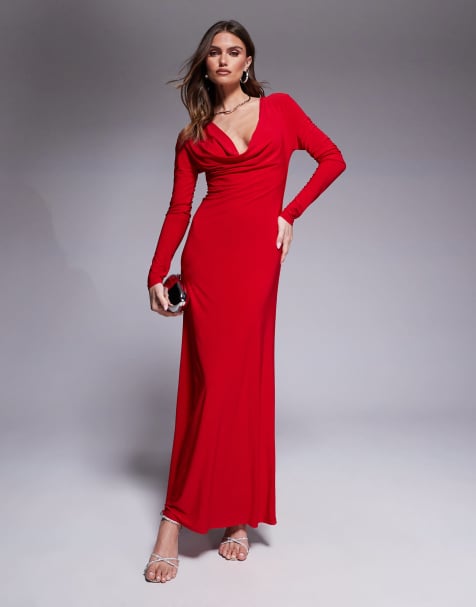 ASOS DESIGN long sleeve cowl neck maxi dress with diamante heart trim in red