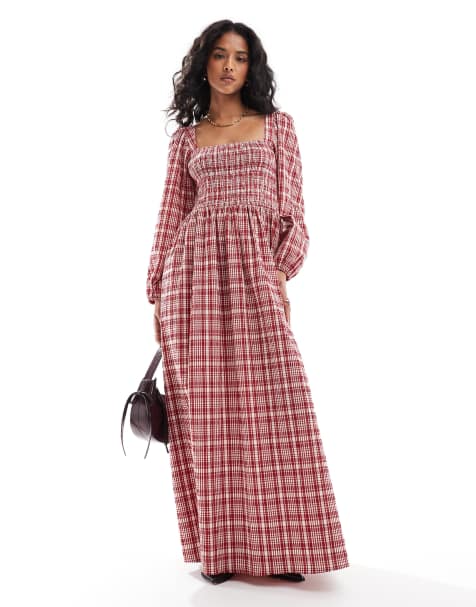 ASOS DESIGN – Czerwona sukienka maxi z marszczoną górą w kratkę - view 1