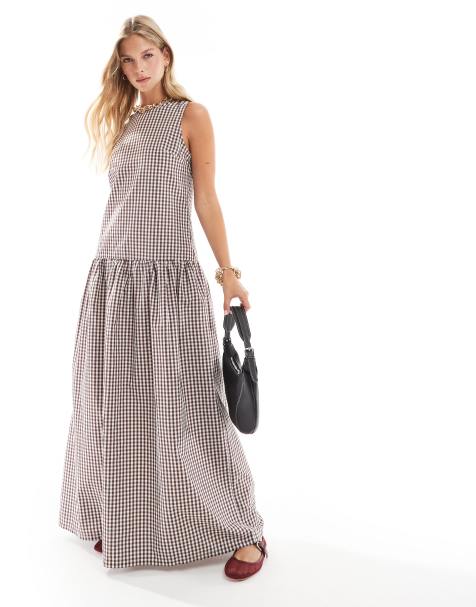 ASOS DESIGN – Czerwona sukienka maxi z obniżoną talią w kratkę vichy - view 1
