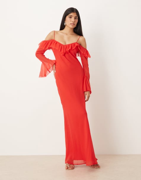 ASOS DESIGN cold shoulder frill long sleeve maxi dress in red