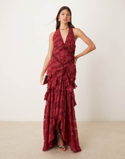 ASOS DESIGN – Czerwona sukienka maxi z wypalonym żakardowym wzorem i dekoltem halter - view 1