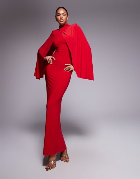 ASOS DESIGN – Czerwona sukienka maxi z zabudowanym kopertowym dekoltem i długimi rękawami - view 1