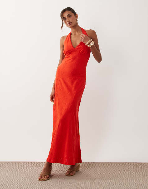 ASOS DESIGN – Czerwona sukienka midi z haftem angielskim i dekoltem halter - view 1