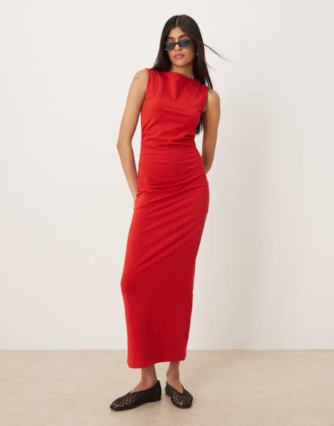 ASOS DESIGN – Czerwona sukienka midi z marszczeniami po bokach i dekoltem w łódkę - view 1